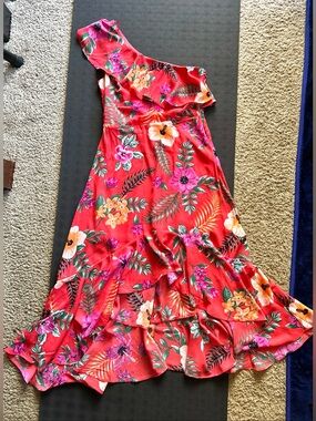 Redish Orange Hawaiian Floral One-Shoulder Ruffle Hi-Lo Asymmetrical Dress, Sz M
